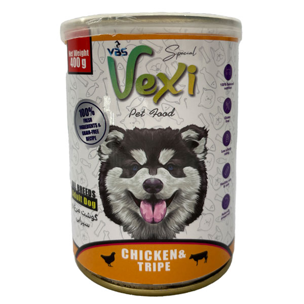کنسرو غذای سگ وکسی (Vexi) با طعم گوشت مرغ و سیرابی ۴۰۰ گرمی ویهان بهار