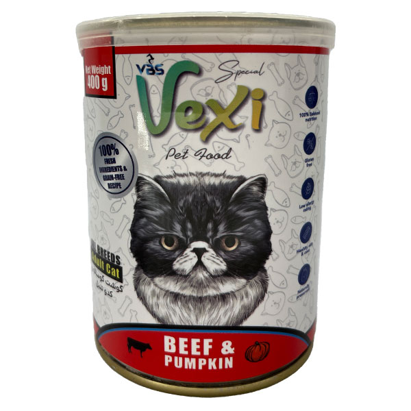 کنسرو غذای گربه وکسی (Vexi) با طعم گوشت گوساله و کدو تنبل ۴۰۰ گرمی